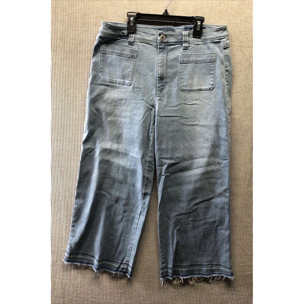 J.Jill Denim Jeans Patch Pockets High Rise Crop 12 Wide Leg Raw Hem Distressed